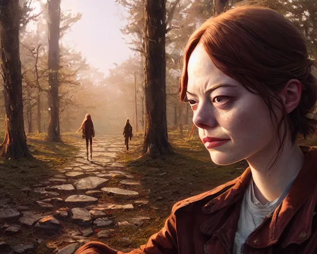 Image similar to highly detailed portrait of emma stone, in the walking dead, stephen bliss, unreal engine, fantasy art by greg rutkowski, loish, rhads, ferdinand knab, makoto shinkai and lois van baarle, ilya kuvshinov, rossdraws, tom bagshaw, global illumination, radiant light, detailed and intricate environment