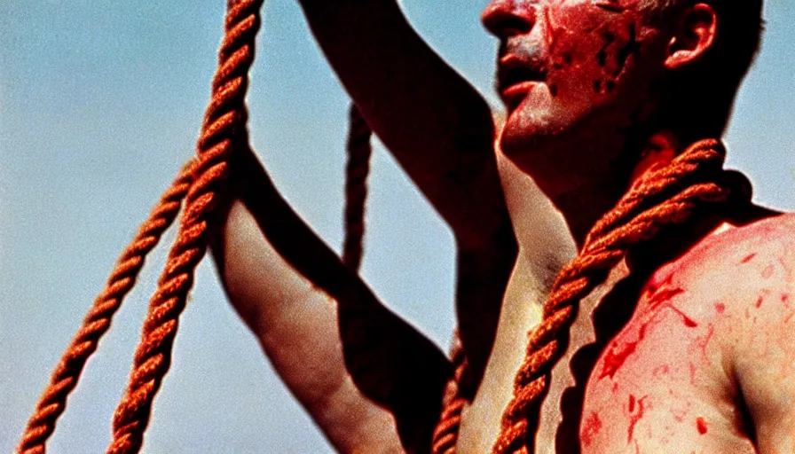Image similar to 1 9 6 0 s movie still close - up of marcus atilius regulus tied with ropes at pole in direction of the burning sun with blood flowing down his eyes cinestill 8 0 0 t 3 5 mm eastmancolor, high quality, heavy grain, high detail, texture, dramatic light, anamorphic, hyperrealistic, detailed hair