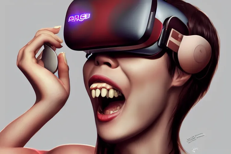 Prompt: a woman with a vr headset has a pill on her tongue and is hallucinating by artgerm, trending on artstation