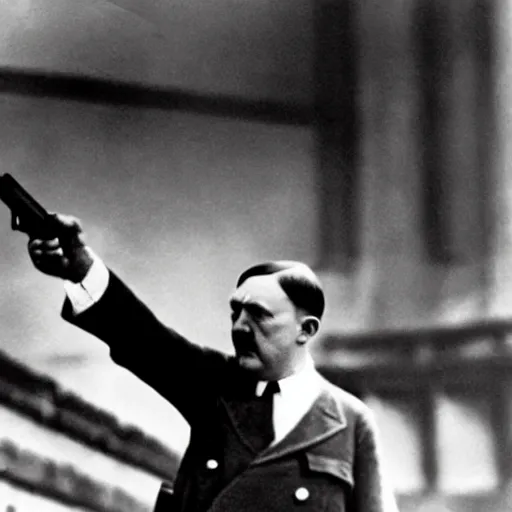 Image similar to hitler pointing a gun to his head while crying, close - up shot, low angle shot