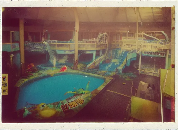 Prompt: abandoned colorful indoor water park with strange creatures lurking, polaroid photo