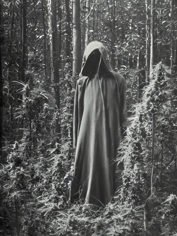 Image similar to hooded figure in cannabis forest, ww1 photo, grainy, high detail, high resolution,