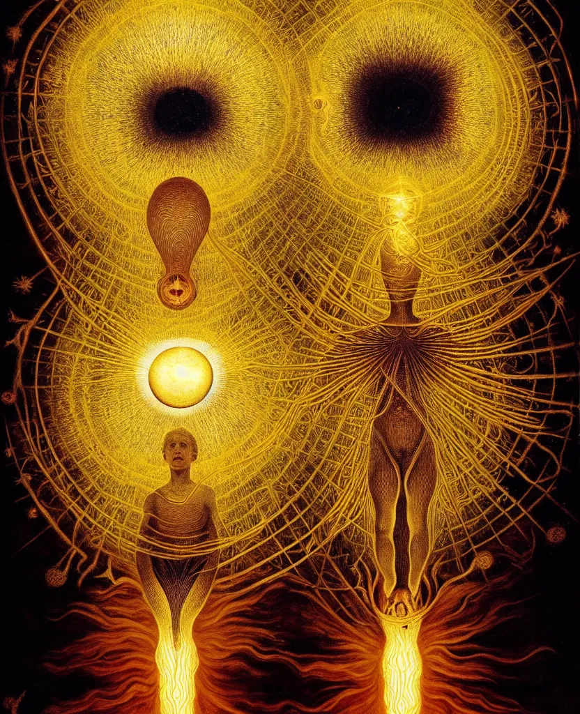 Image similar to a golden child radiates a unique canto'as above so below'while being ignited by the spirit of haeckel and robert fludd, breakthrough is iminent, glory be to the magic within, in honor of saturn, painted by ronny khalil