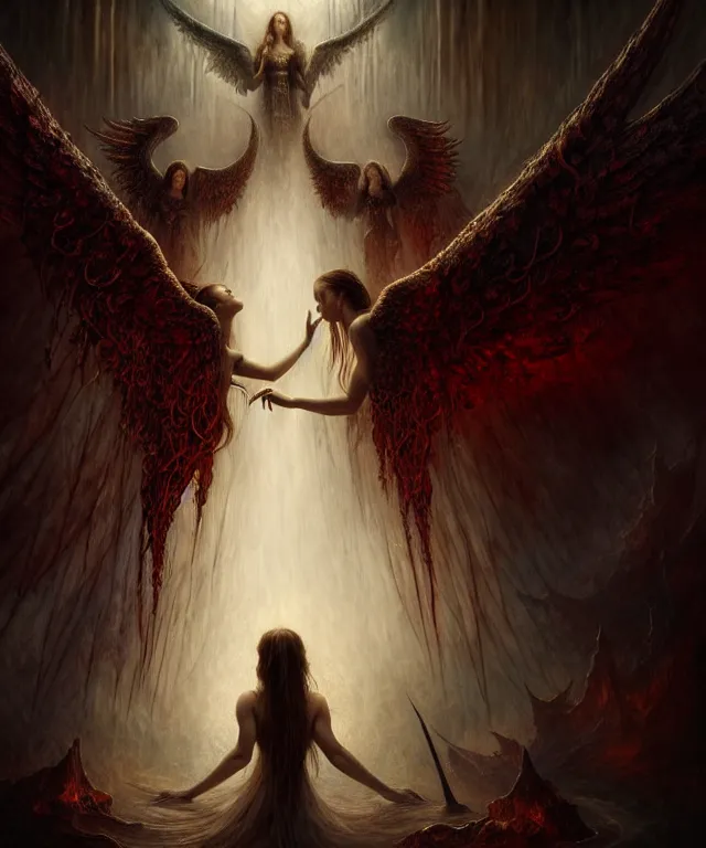 Image similar to epic professional digital art of angels and demons, horrific yet beautiful vibe, evocative, atmospheric lighting, painted, intricate, highly detailed, by leesha hannigan, wayne haag, reyna rochin, ignacio fernandez rios, mark ryden, iris van herpen, artstation, cgsociety, stunning, gorgeous, sharp focus, cinematic, masterpiece