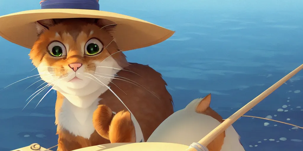 Image similar to a wholesome animation key shot of a cute cat on a fishing boat wearing a sunhat, studio ghibli, pixar and disney animation, sharp, rendered in unreal engine 5, anime key art by greg rutkowski, bloom, dramatic, dynamic lighting