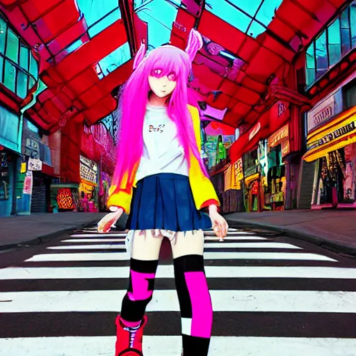 Image similar to anime girl with eccentric clothes, long spiky pink hair, cel - shading, 2 0 0 1 anime, flcl, jet set radio future, night time, entertainment district, japanese city at night, colorful buildings, lines of lights, christmas lights, rollerskaters, cel - shaded, jsrf, strong shadows, vivid hues, y 2 k aesthetic