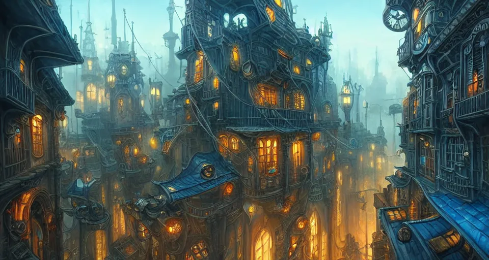 Prompt: landscape painting of fantasy metal steampunk city that has a light blue glow with walkways and lit windows with hooded thieves in leathers climbing the buildings using a rope, fine details, magali villeneuve, artgerm, rutkowski