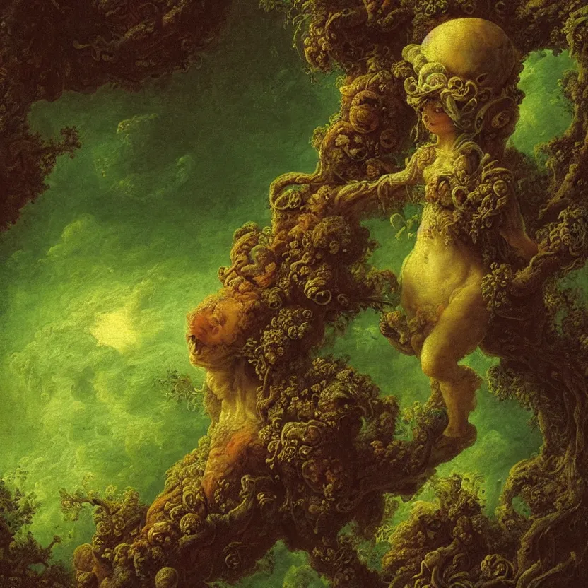 Prompt: a close - up rococo portrait of an alien creature covered in moss, mushrooms, and swamp, 1 8 th century painting by jean - honore fragonard and moebius. gloomy green environment, blurry organic dark background. sci - fi renaissance masterpiece