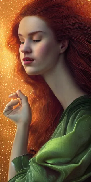 Image similar to amazed happy young woman, surrounded by firefly lights, full covering intricate detailed dress, amidst nature, long red hair, precise linework, accurate green eyes, small nose with freckles, beautiful smooth oval shape face, empathic, expressive emotions, dramatic lights, hyper realistic ultrafine art by artemisia gentileschi, jessica rossier, boris vallejo