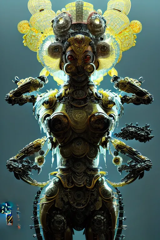 Image similar to asura from chinese myth, ghost, gorgeous and huge head ornaments, dystopian, cyberpunk, organic fractal mycelum and fungi, mecha, halfturn portrait of a big crystal face made of crystals half - turn, ominous, intricate, studio, art by anthony macbain + greg rutkowski + alphonse mucha, concept art, 4 k, sharp focus