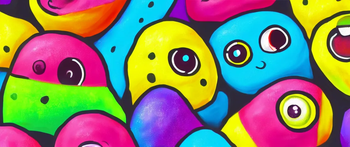 Image similar to hyperrealistic popart very cute multicolored ice cream with eyes melting! on keyboard jason limon digital painting dramatic yellow lighting high angle hd 8k sharp shallow depth of field