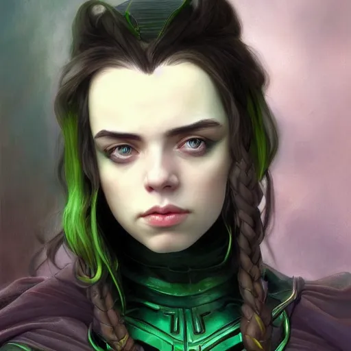 Image similar to Billie Eilish as Female Loki, very detailed, digital art, trending on artstation, concept art, smooth, illustration, art by artgerm and greg rutkowski and alphonse mucha and J. C. Leyendecker and Edmund Blair Leighton and Katsuhiro Otomo and Geof Darrow and Phil hale and Ashley wood and Ilya repin and Charlie Bowater