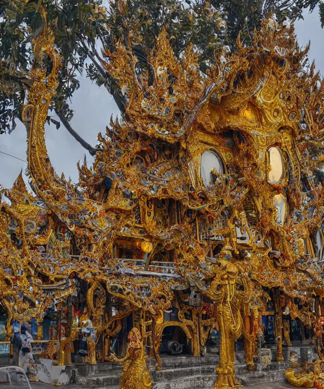 Image similar to a streeet view of wat rong khun temple!! by charlie bowater and art germ, rule of thirds, golden ratio, art nouveau! cyberpunk! style, mechanical accents!, mecha plate armor, glowing leds, flowing wires with leaves, art nouveau accents, art nouveau patterns and geometry, rich deep moody colors