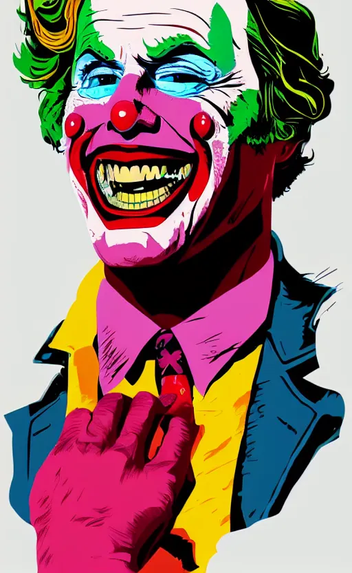 Prompt: individual joker portrait fallout 7 6 retro futurist illustration art by beeple, sticker, colorful, illustration, highly detailed, simple, smooth and clean vector curves, no jagged lines, vector art, smooth andy warhol style