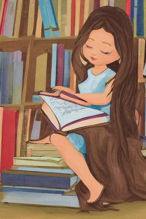 Image similar to a little girl sits cross legged on top of a tall pile of books. she is reading. clean elegant pretty cartoon painting, beautiful detailed face.