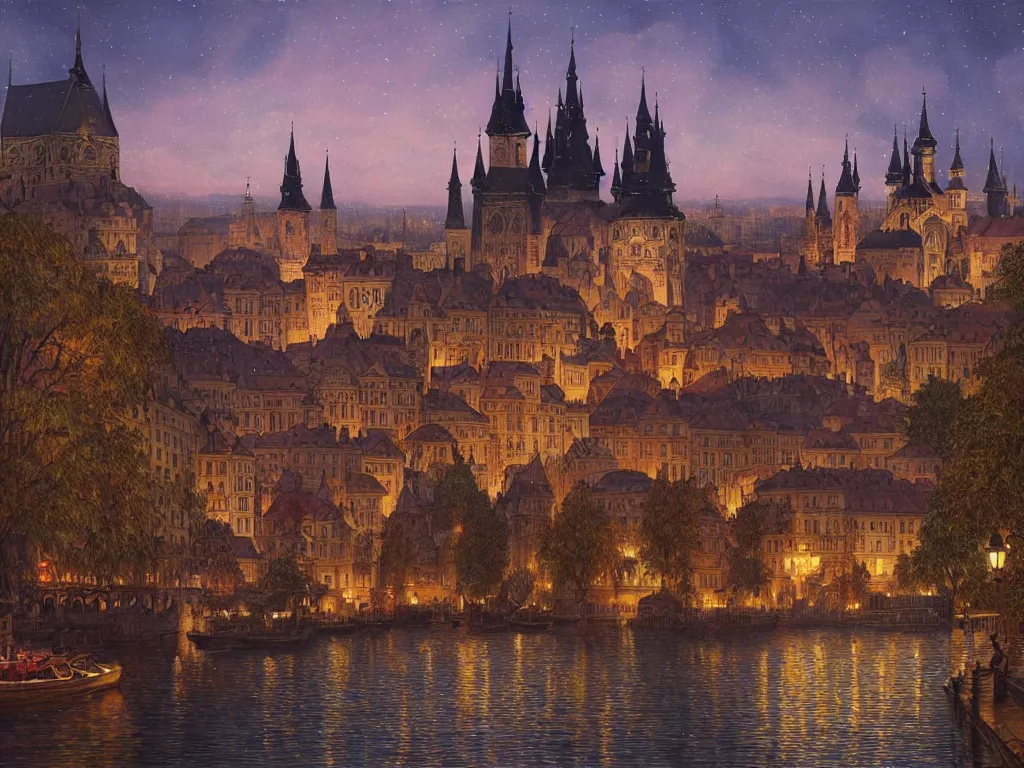 Image similar to a view from the river an ancient medieval castle city resembling prague, paris, and venice at night with northern lights in the sky, intricate, elegant, highly detailed, digital painting, artstation, concept art, smooth, sharp focus, colored illustration for tattoo, art by thomas kincade, krenz cushart and artem demura and alphonse mucha,