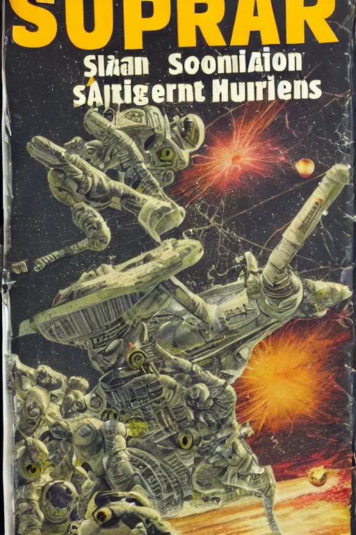 Image similar to photo of poor condition, torn, stained, vintage pulp scifi science fiction magazine cover on a table top, showing men wearing space suits shooting laser beams at a monster on an alien planet, only c 7 5, 4 k, high definition