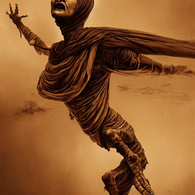 Image similar to photorealistic sepia painting of a flying mummy in a power pose, nabatean writing on the bones, atmospheric lighting, brooding, painted, intricate, ultra detailed, well composed, best on artstation, cgsociety, epic, horror, stunning, gorgeous, intricate detail, much wow, masterpiece, cinematic aesthetic octane render, 8 k hd resolution,