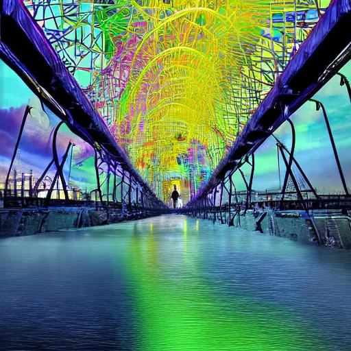 Prompt: extremely colorful, award winning digital art 4 k ultra detailed, milwaukee hoan bridge illustrated by andrew android jones