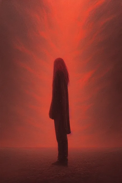 Prompt: a painting of a person standing in the snow, a surrealist painting by zdzisław beksinski and by alena aenami, deviantart, nuclear art, dystopian art, apocalypse landscape, red color scheme, surrealist