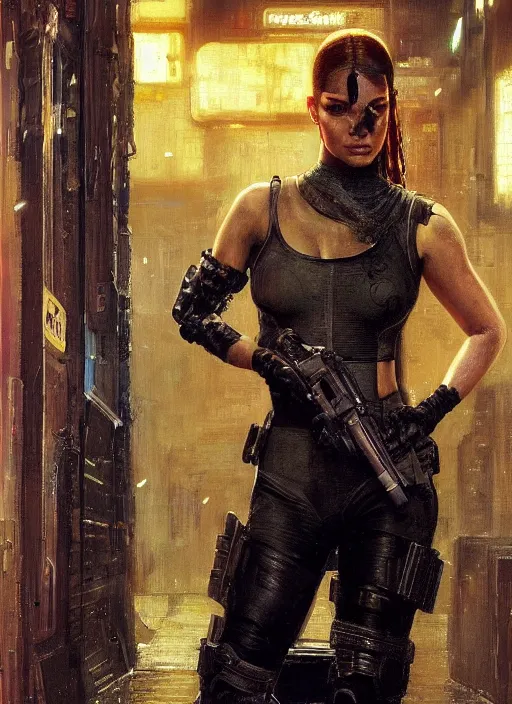 Prompt: Sonya Lopez. Cyberpunk hitwoman wearing military vest walking through nightclub (blade runner 2049, cyberpunk 2077). Orientalist portrait by john william waterhouse and James Gurney and Theodore Ralli and Nasreddine Dinet, oil on canvas. Cinematic, hyper realism, realistic proportions, dramatic lighting, high detail 4k