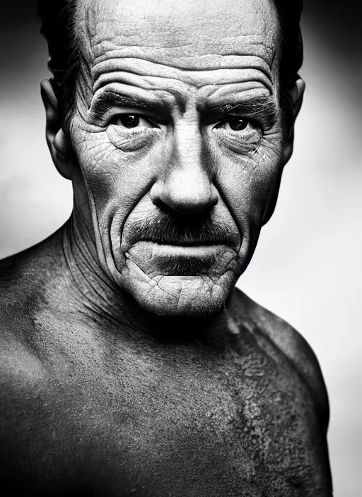 Prompt: photo of Bryan Cranston as Iron Man by Lee Jeffries, smile, detailed, award winning, Sony a7R