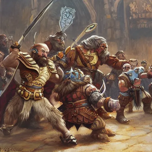 Image similar to DnD dwarves in gladitorial duel. Epic painting by james gurney. Dwarf gladiators in the coliseum.