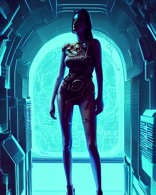 Image similar to portrait of lana del rey as a cyberpunk cyborg. roses, sci - fi, intricate abstract upper body intricate artwork, by tooth wu, wlop, beeple, dan mumford. concept art, octane render, deviantart, greg rutkowski, cinematic arthouse, key art, hyper realism, iridescent accents