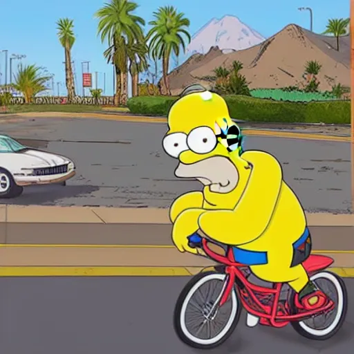 Image similar to Homer Simpson in GTA V. Los Santos in the background, palm trees. In the art style of Stephen Bliss
