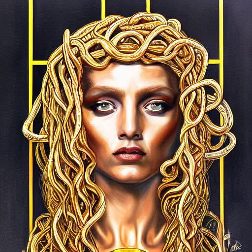 Prompt: symmetrical, detailed portrait color painting of medusa by greg rutowski, gold tones, priestess, full body