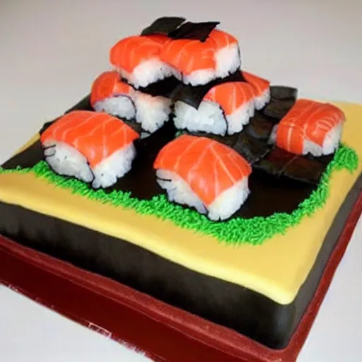 Prompt: sushi birthday cake made out of rice, diy