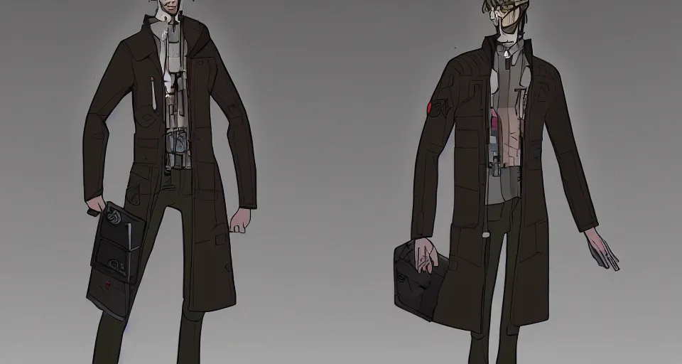 Image similar to concept art of a lean and lanky man that has a radio for a head and wears a cyberpunk coat, concept art, turnaround world building, character design