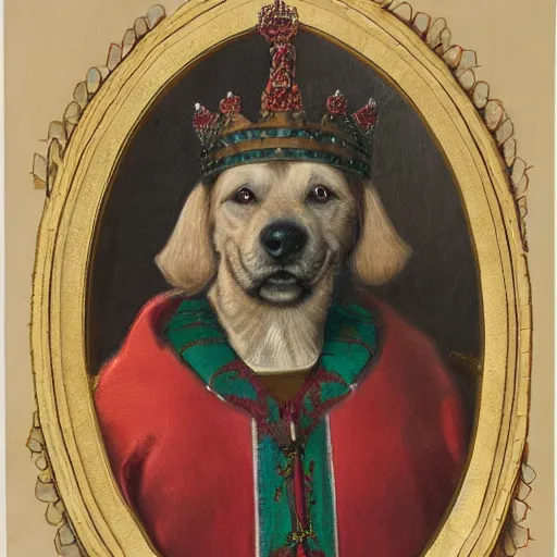 Image similar to a detailed portrait of a dog in kings robes and wearing a crown