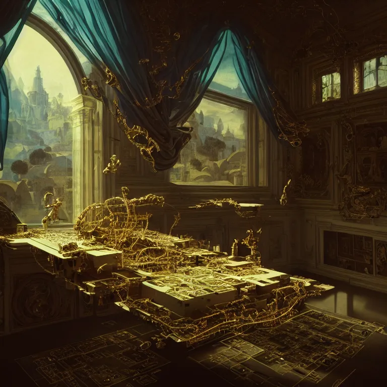 Image similar to motherboard, chip circuit, computer, dream - like atmosphere, baroque landscape painting, perfect composition, beautiful detailed intricate insanely detailed octane render trending on artstation, 8 k artistic photography, photorealistic, soft natural volumetric cinematic perfect light, chiaroscuro, award - winning photograph, masterpiece, raphael, caravaggio, greg rutkowski, beeple