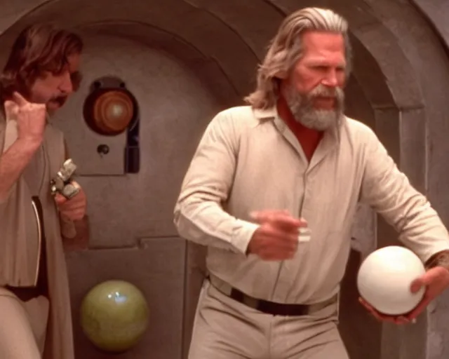 Image similar to Jeff Bridges from The Big Lebowski throwing a bowling ball in the Mos Eisley Cantina in Star Wars