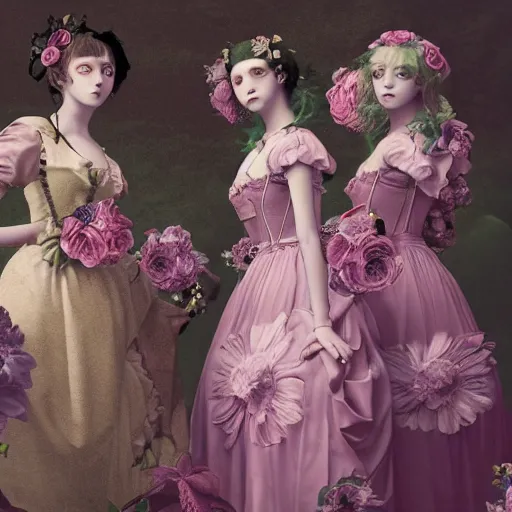 Image similar to 8k, octane render, realism, tonalism, renaissance, rococo, baroque, group of creepy young ladies wearing long harajuku manga dress with flowers and skulls, background chaotic flowers