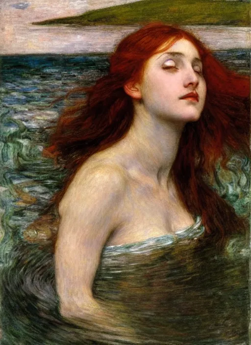 Image similar to lady of shallot as ophelia, underwater, submerged, close up portrait by john william waterhouse, rosetti, monet, william holman hunt, 8 k