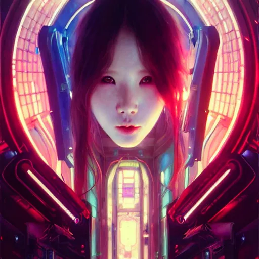 Image similar to painting of cyberpunk chuu loona kpop smiling cheerfully, ultra realistic, concept art, intricate details, eerie, highly detailed, photorealistic, octane render, 8 k, unreal engine. art by artgerm and greg rutkowski and magali villeneuve and alphonse mucha