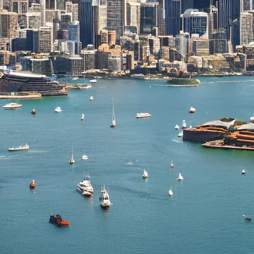 Prompt: sydney harbor filled with baked beans