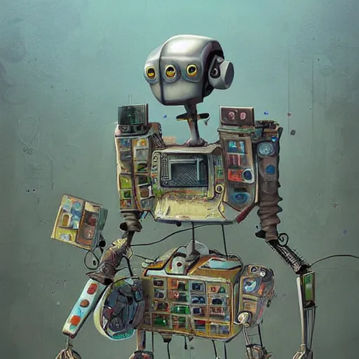 Prompt: abandoned robot made from old electronics parts, illustration by gediminas pranckevicius