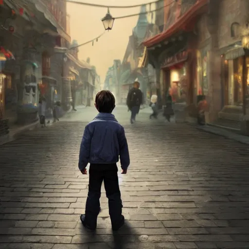 Prompt: the back of a boy standing in the streets of a fantastical fantasy city, extremely detailed and photorealistic, 8k