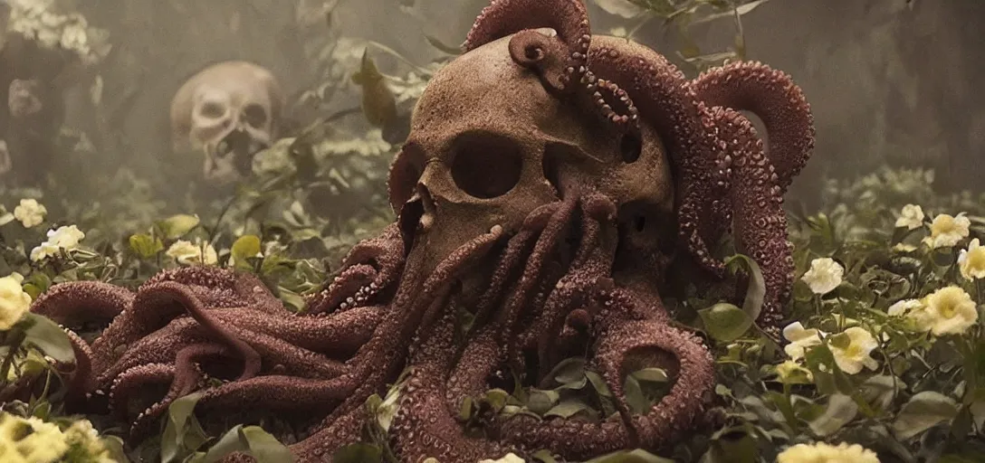 Prompt: an octopus in the shape of a skull | surrounded by flowers | at midnight, foggy!, cinematic shot, photo still from movie by denis villeneuve, wayne barlowe