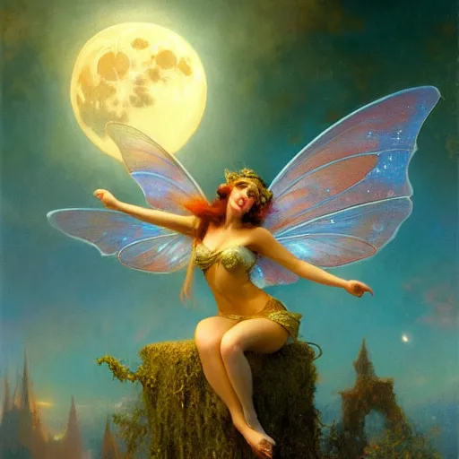 Image similar to attractive fairy magically floating high in the night, fantasy, full moon in background. highly detailed painting by gaston bussiere, craig mullins, j. c. leyendecker, sharp focus, 8 k