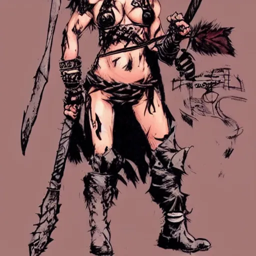 Image similar to very beautiful female barbarian, looking fierce, perfect face, perfect body drawn by ashley wood
