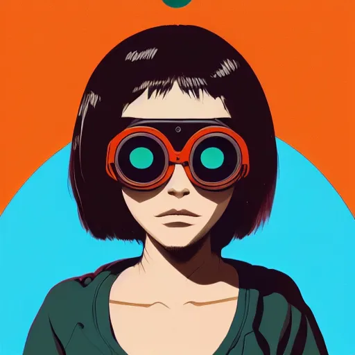 Image similar to face of a girl wearing goggles, brown skin, symmetrical, ilya kuvshinov, jamie hewlett, yoji shinkawa, muted colors, portrait, beautiful detailed illustration, graphic, fun, 17th century oil painting, flat colors, studio ghibli, cel shading,