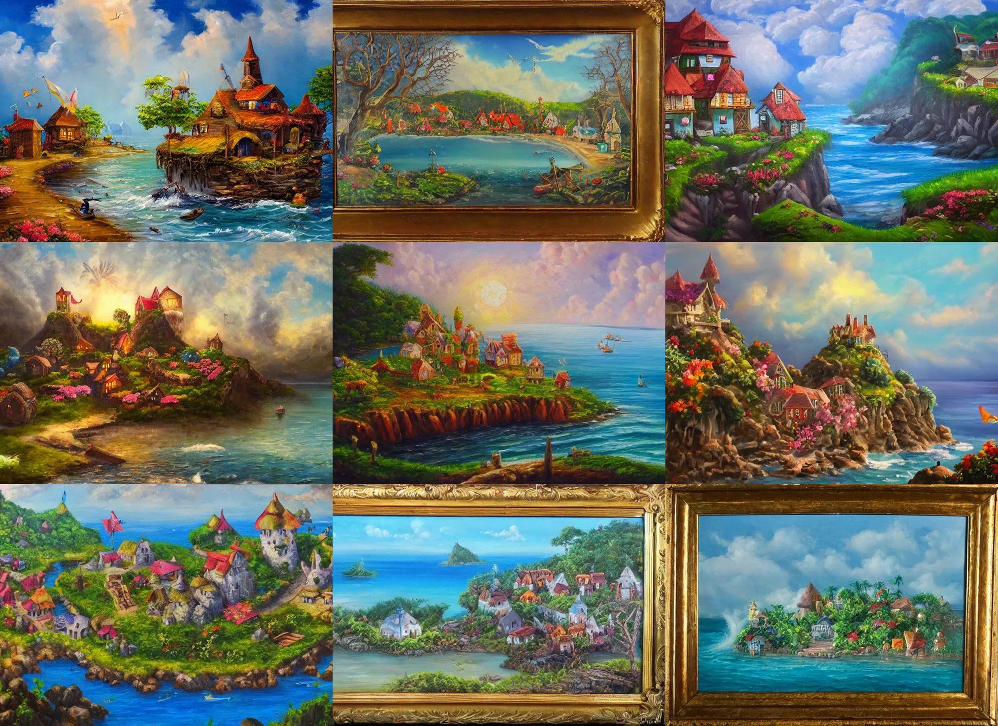 Prompt: oil painting of an magical fantasy village island on the ocean