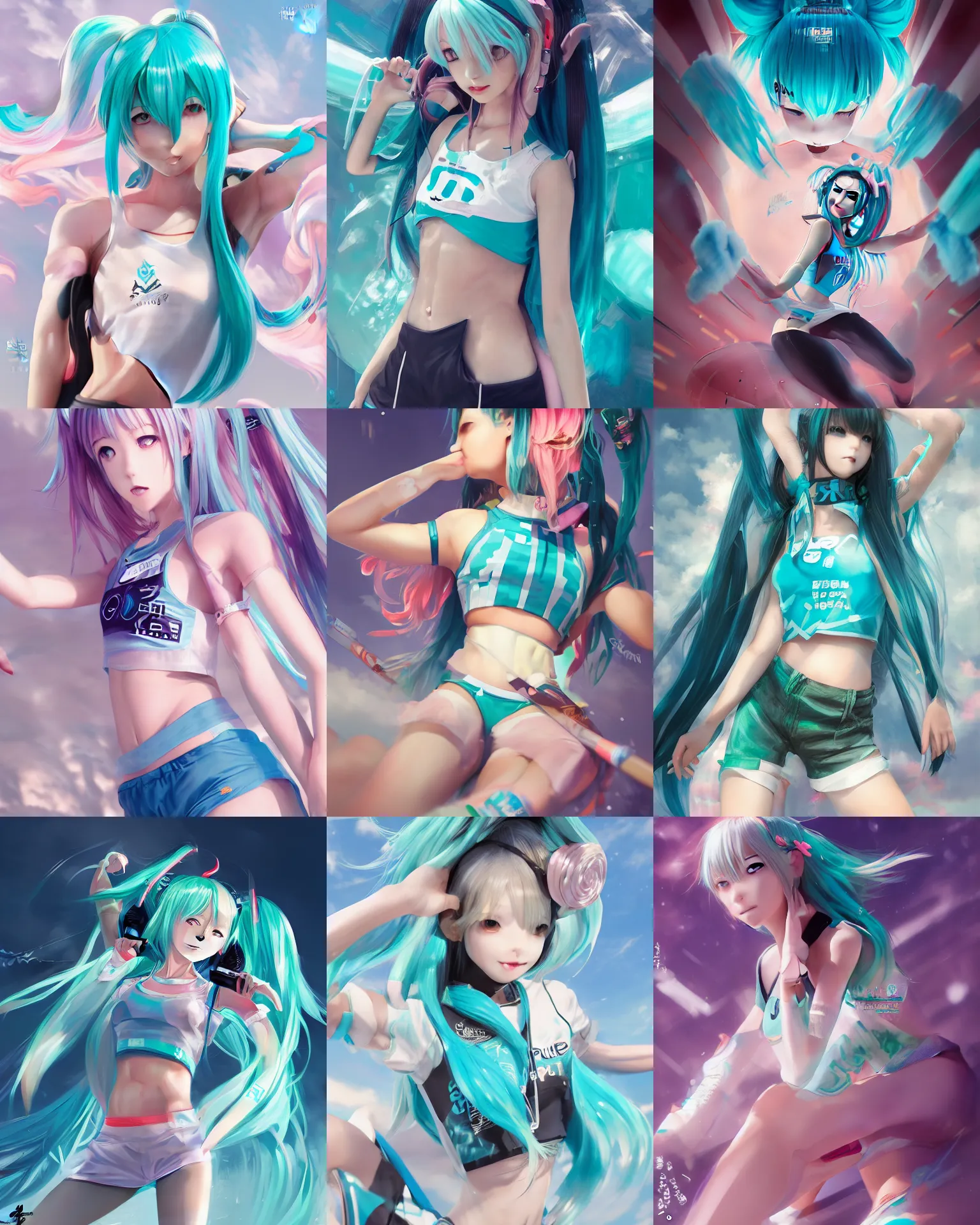 Prompt: hatsune miku wearing crop gym top with white lettering, crop yoga short, Advertising photography by Stanley Artgerm Lau, WLOP, Rossdraws, James Jean, Andrei Riabovitchev, Marc Simonetti, Yoshitaka Amano, digital art, masterwork, cgstudio