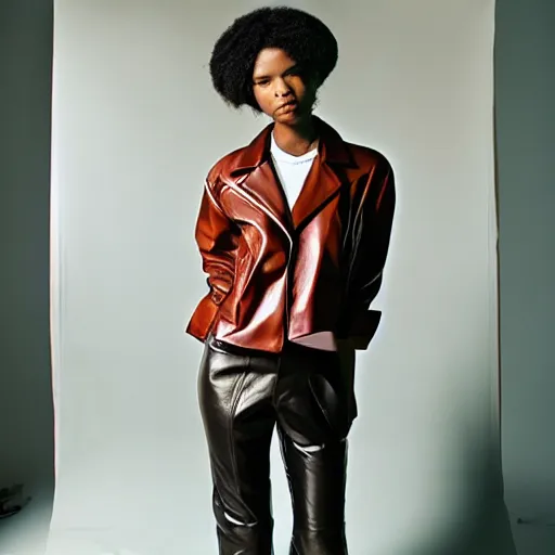 Image similar to realistic photoshooting for a new balenciaga lookbook, color film photography, portrait of a beautiful woman, model wearing a leather jacket, by photo in style of tyler mitchell, 3 5 mm,