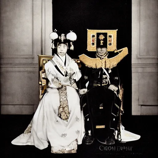 Image similar to An extreme long shot wide shot, colored black and white Russian and Japanese mix historical fantasy a photograph portrait taken at the empress and emperor's royal wedding on their carriage trip back to the palace, they had a private moment together, golden hour, warm lighting, 1907 photo from the official wedding photographer for the royal wedding.