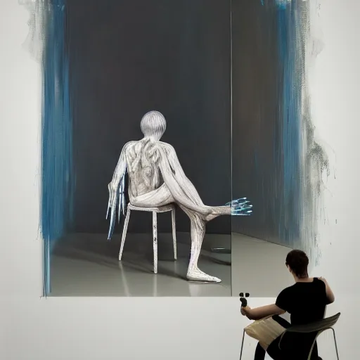 Image similar to portrait of a morphed gamer sitting on a stool looking into a mirror doing makeup by james jean and luc tuymans and beeple and hernan bas and pat steir and hilma af klint, psychological, 3 d, dripping paint, monochrome, high quality render, masterpiece